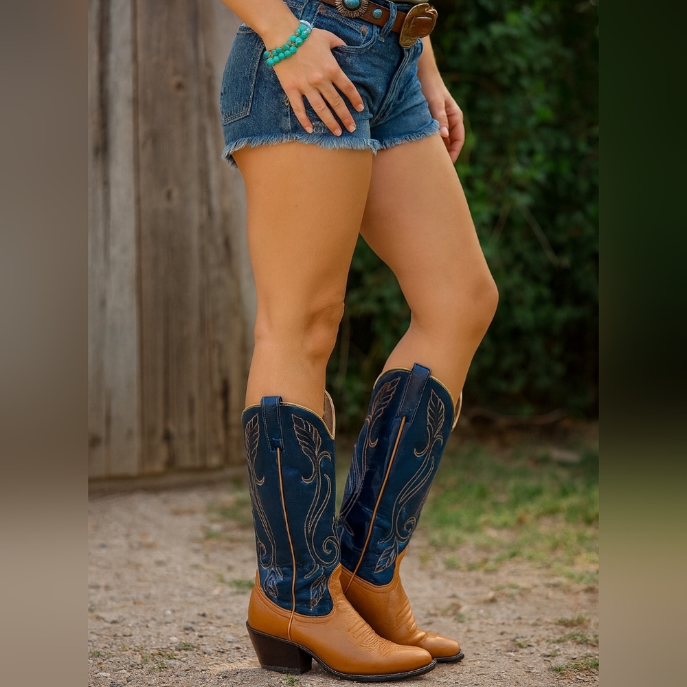 Vintage Acme Cowboy Boots Navy Blue Tan Leather Boho Festival Made USA Women's 6